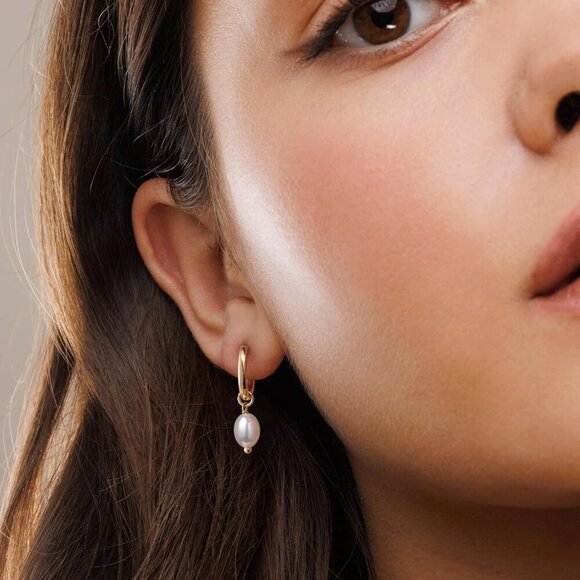 PRTGL Pearl Earring Trendy 14K Gold Dainty Elegant Pearl Hook Earrings for Women - Picture 2 of 8